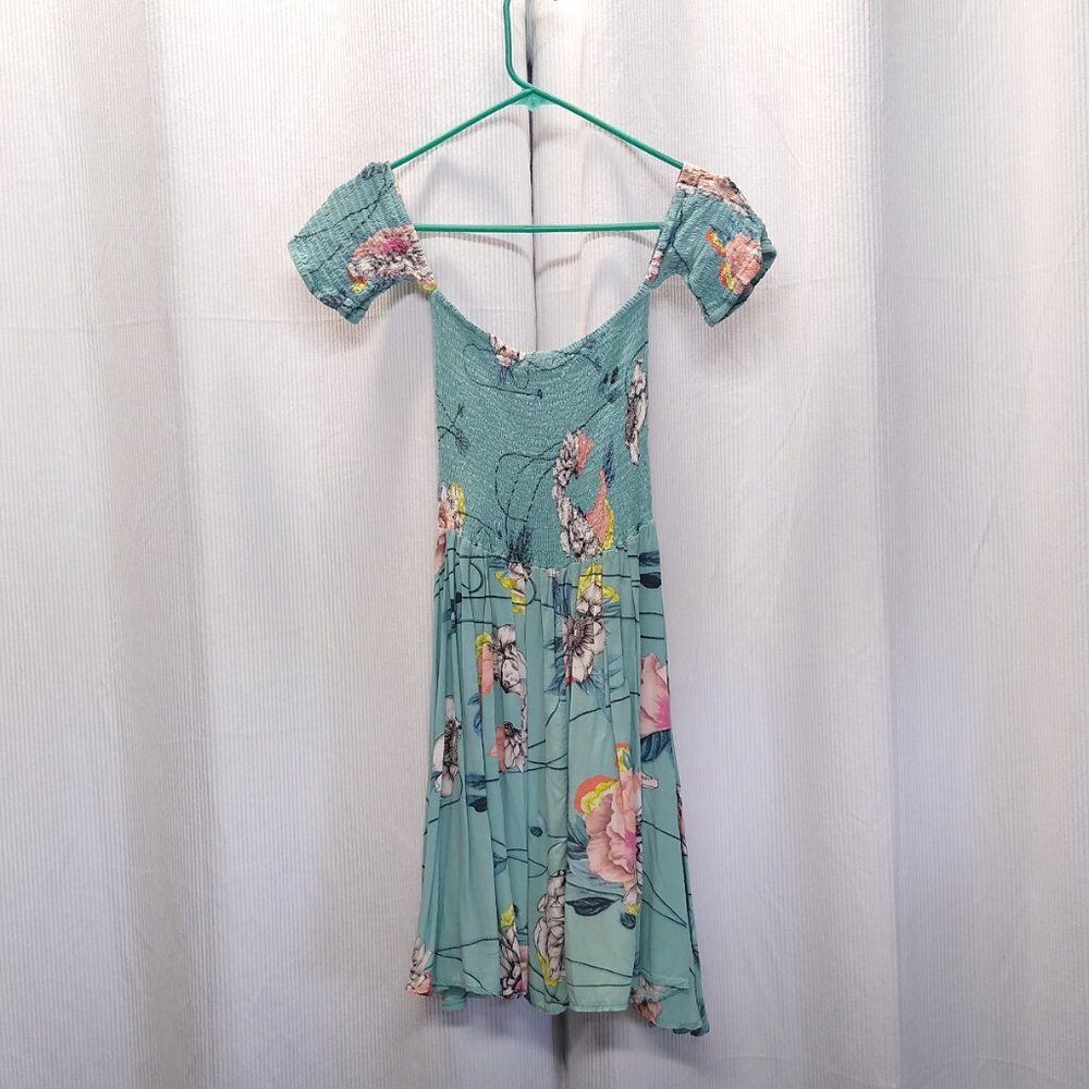 Jaase Floral Off Shoulder Flowing Dress Shirred Boho Teal Medium VGC - Picture 2 of 8